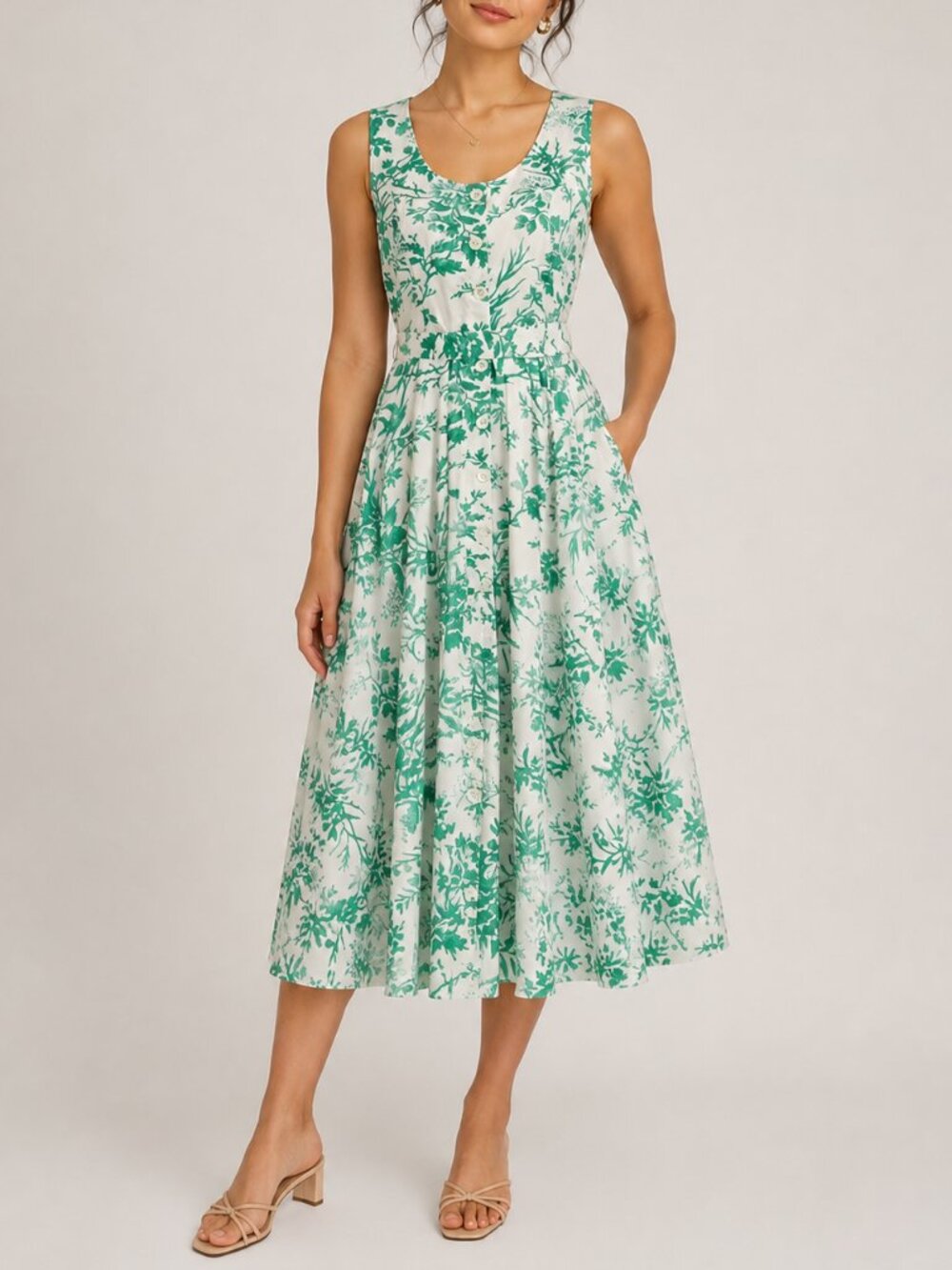 J.Peterman Green Toile 6 Midi Dress 100% Cotton Button Front Pockets Cottagecore - Picture 1 of 9
